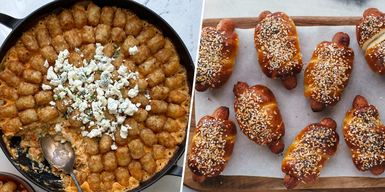 Molly Yeh makes Buffalo chicken hotdish and pretzel bagel challah dogs for game day