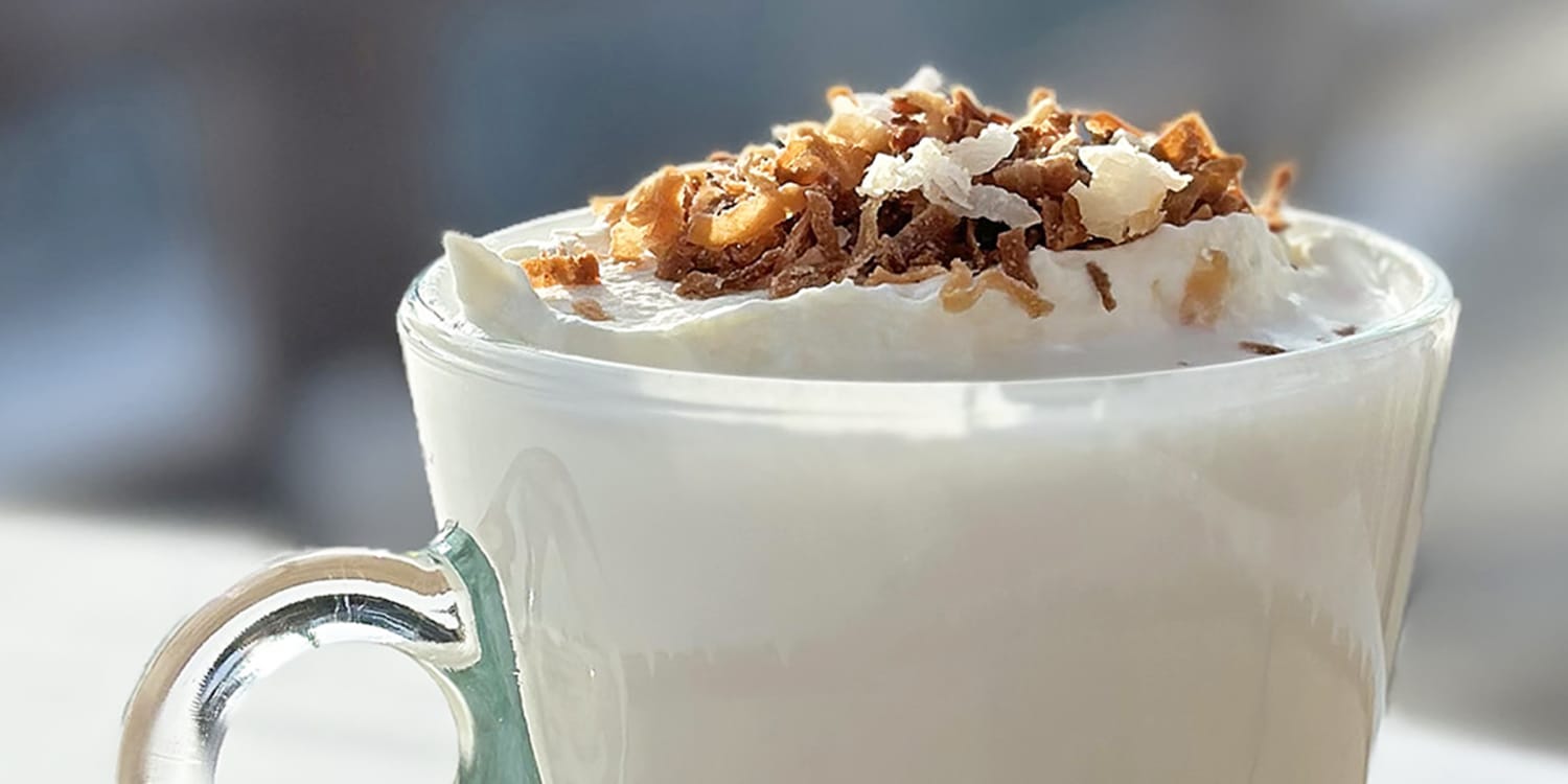 Change up your usual cup of hot cocoa with white chocolate and coconut
