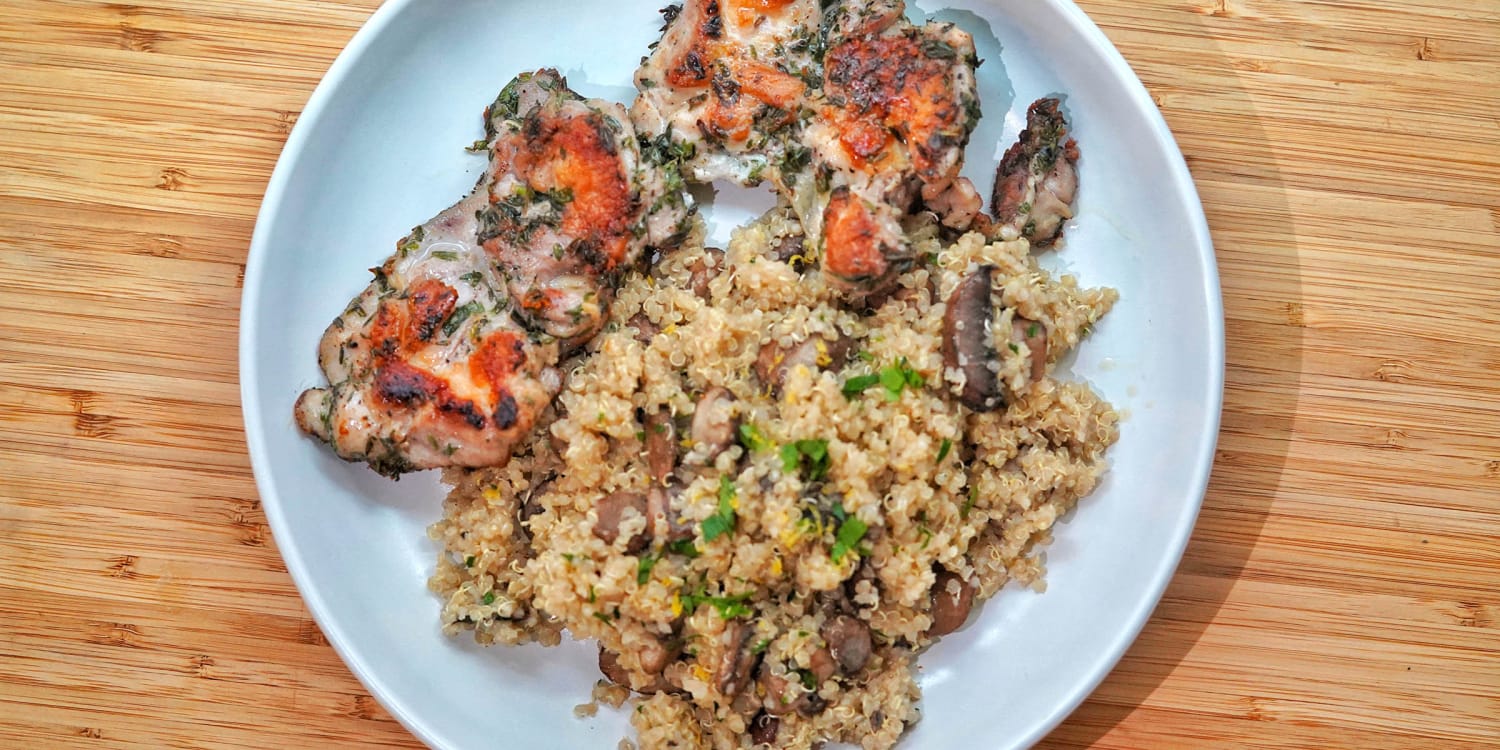 Pair herbed chicken thighs with brown butter mushroom quinoa