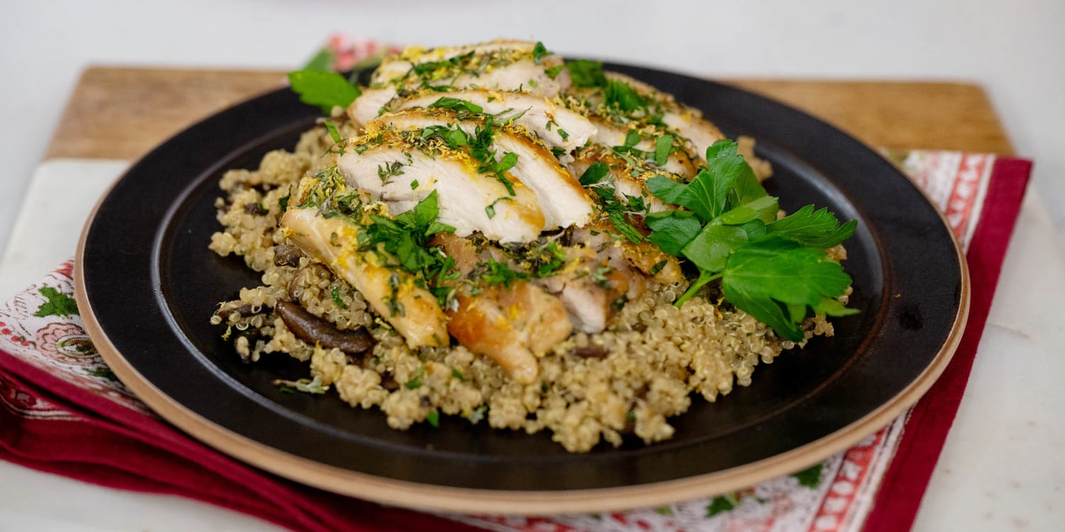 Pair herbed chicken thighs with brown butter mushroom quinoa