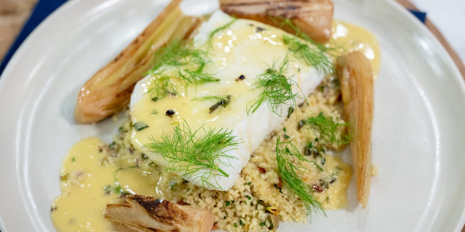 Serve olive oil-poached halibut with braised fennel, beurre blanc and herbed couscous