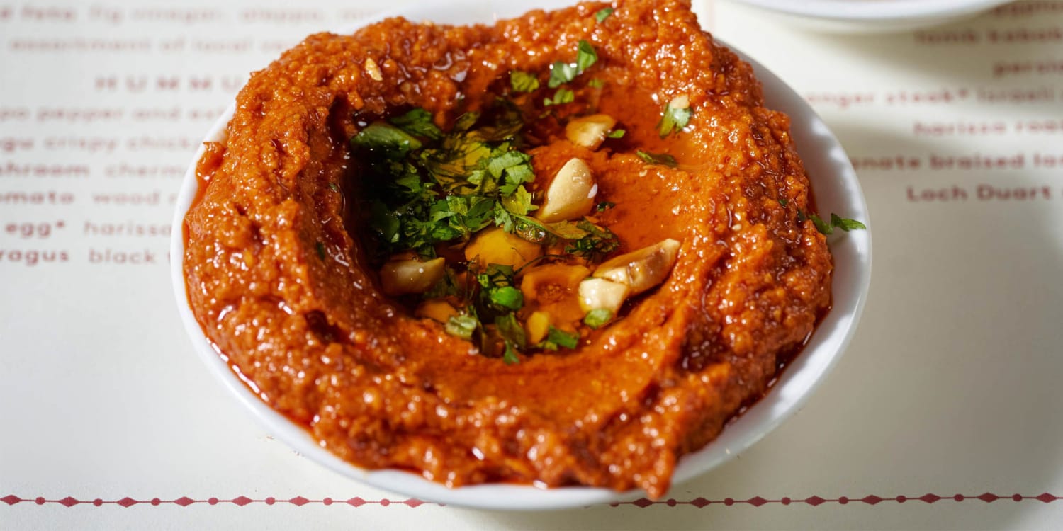 Muhammara is a thick yet airy dip of tomatoes, peppers, hazelnuts and pomegranate