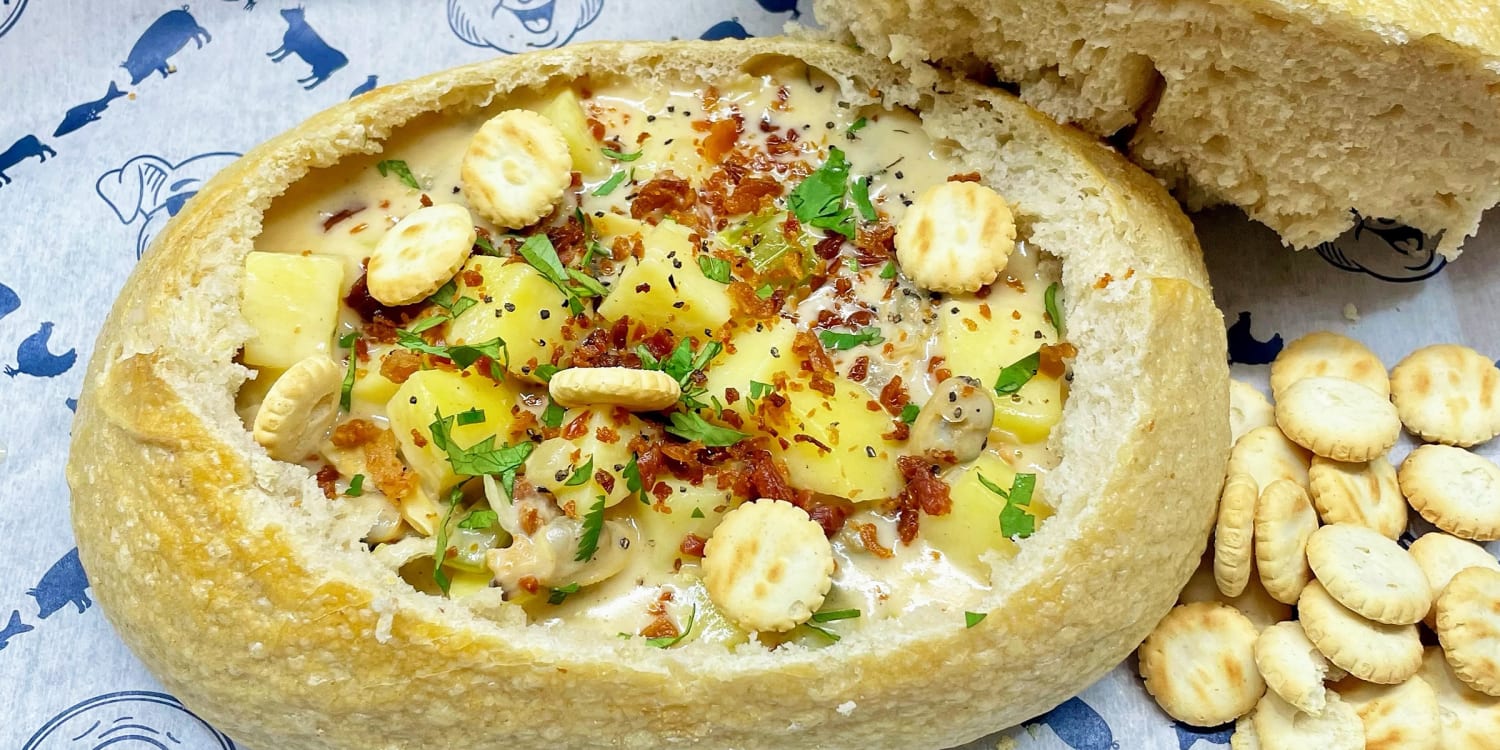 Serve creamy clam chowder in a sourdough bread bowl