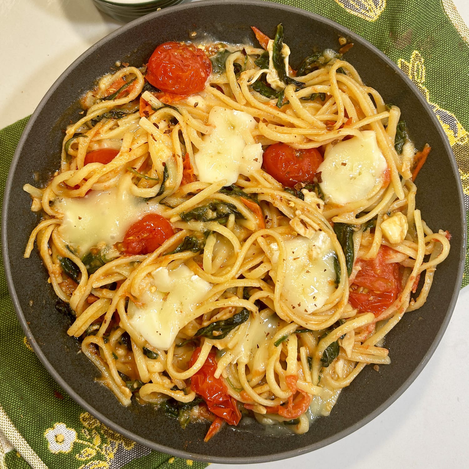 Spaghetti alla Chitarra with Yellow Tomato Sugo, Basil Oil and