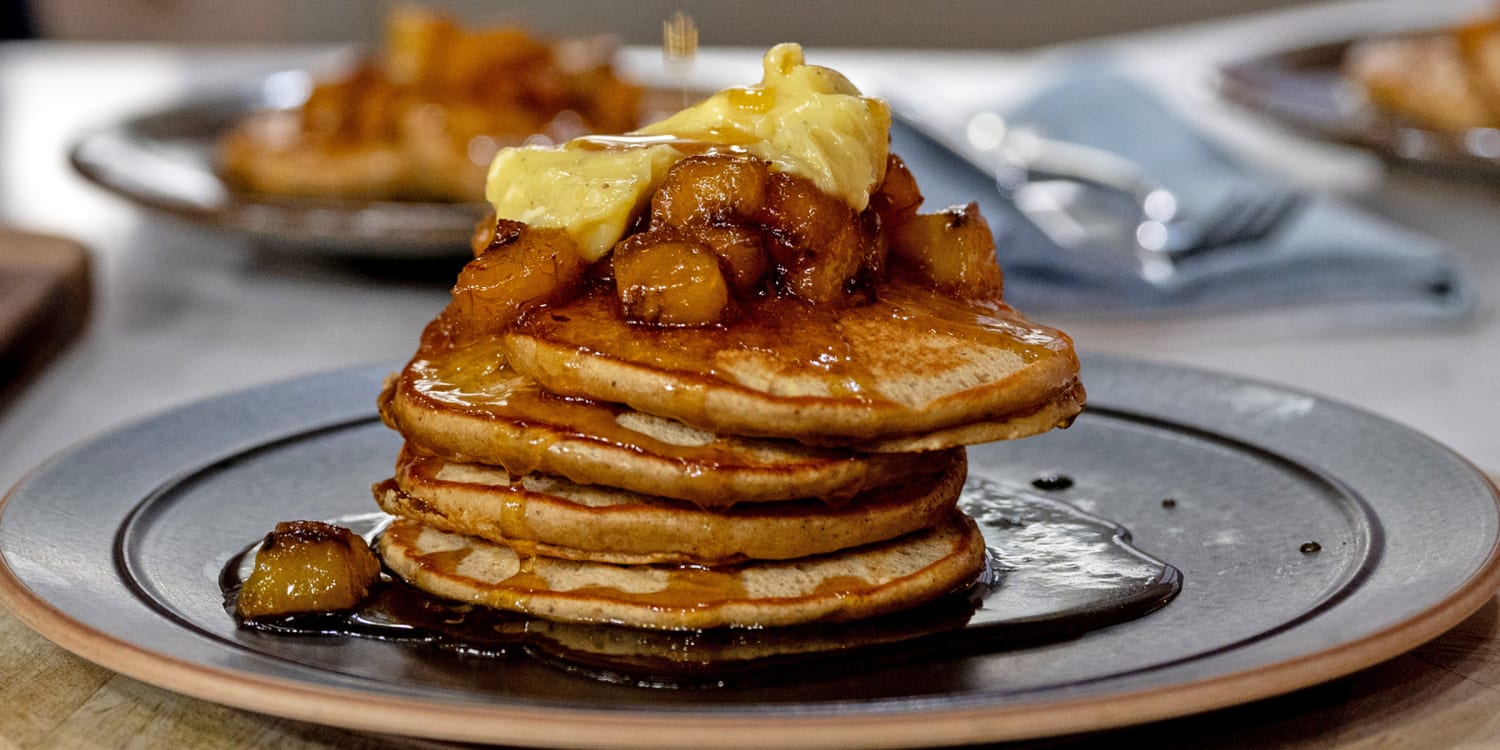 Top plantain pancakes with jerk honey butter for a Caribbean-inspired breakfast