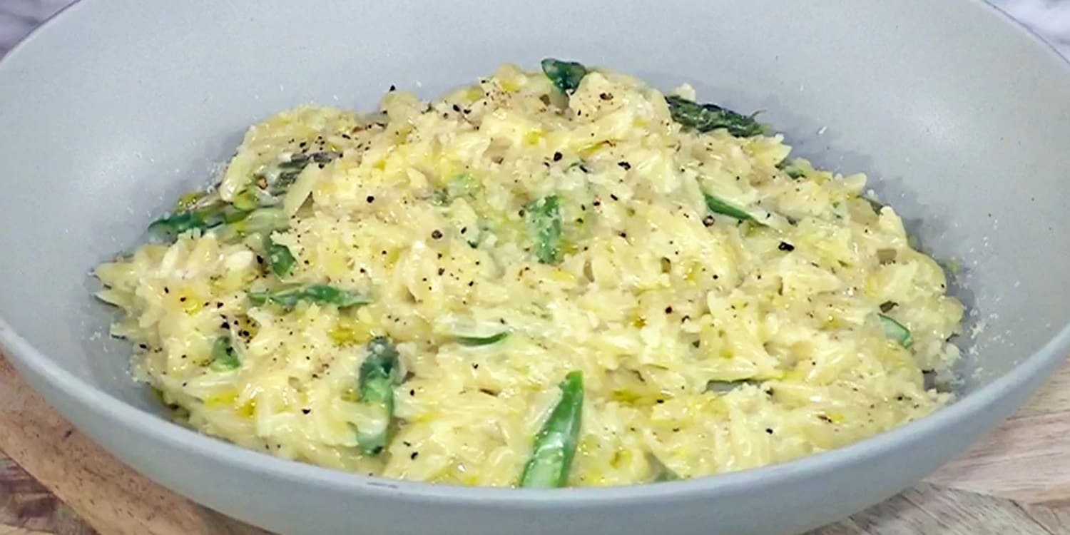 This cheesy orzo with asparagus is like a springy mac and cheese