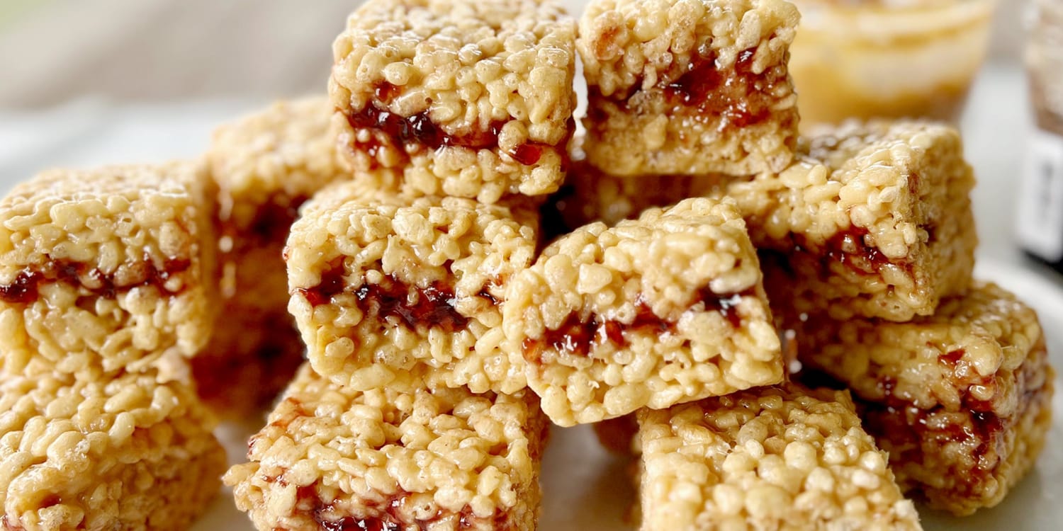 Kids will adore these peanut butter and jelly rice krispies treats
