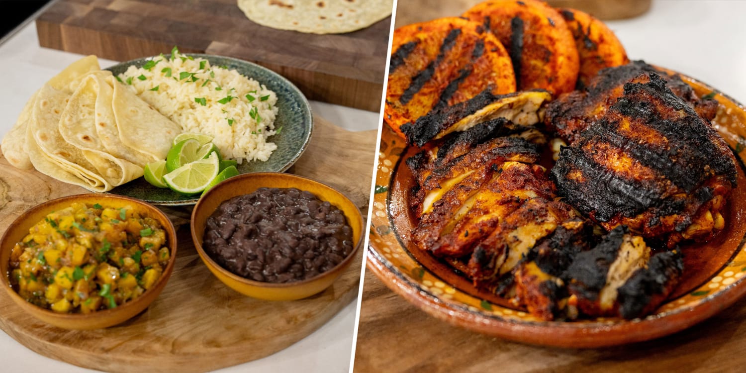 Serve charcoal-cooked pollo asado with homemade salsa, rice, beans and tortillas