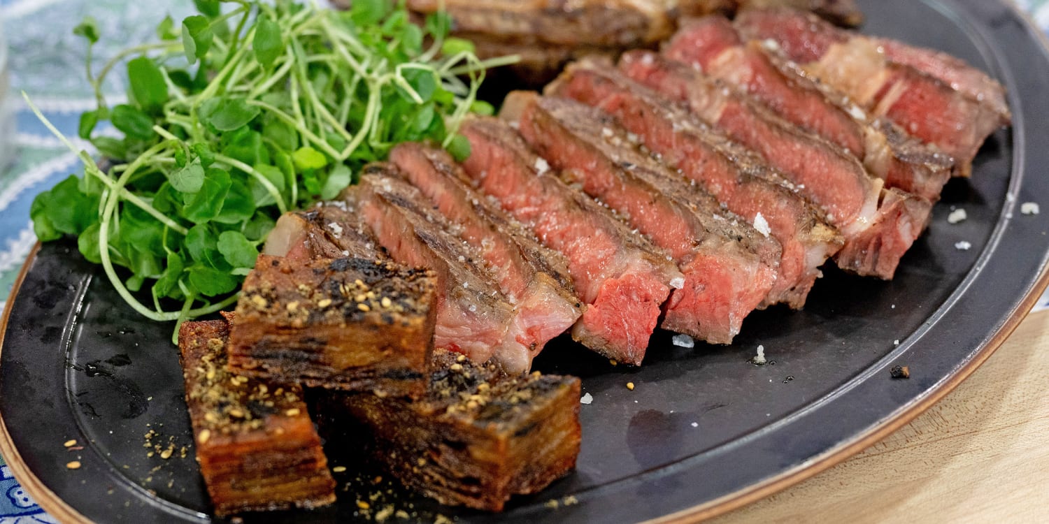 Eli Buliskeria pairs grilled rib-eye steak with buttery potato gratin