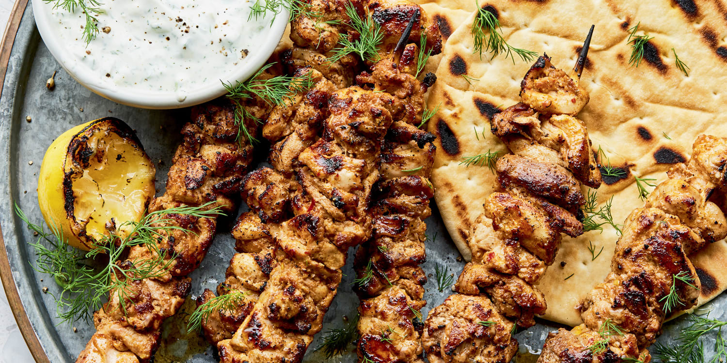 Serve smoky marinated chicken kebabs with cool, creamy tzatziki sauce