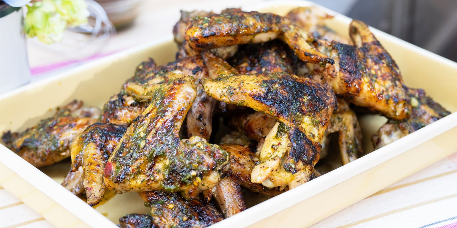 Crispy grilled chicken wings get a burst of flavor from spicy vinaigrette
