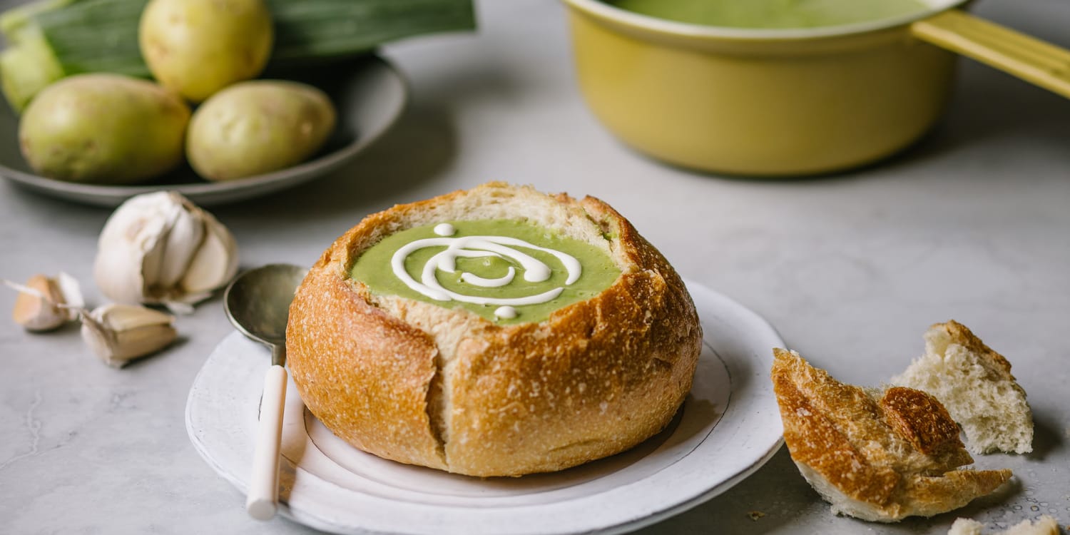 Dig into spring pea soup bread bowls for a light lunch