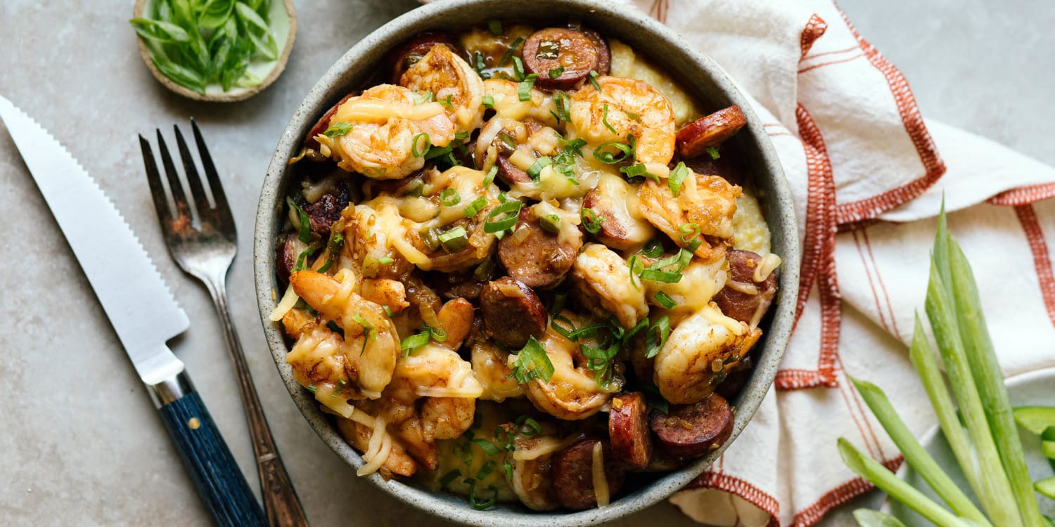 Top cheesy grits with barbecue shrimp for a smoky Southern dinner