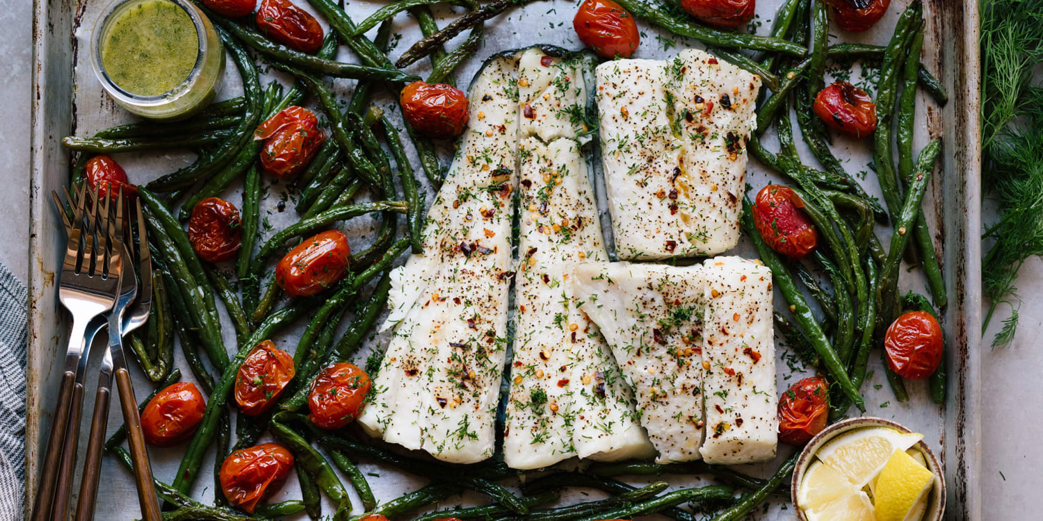 An easy sheet-pan fish recipe featuring late-summer produce