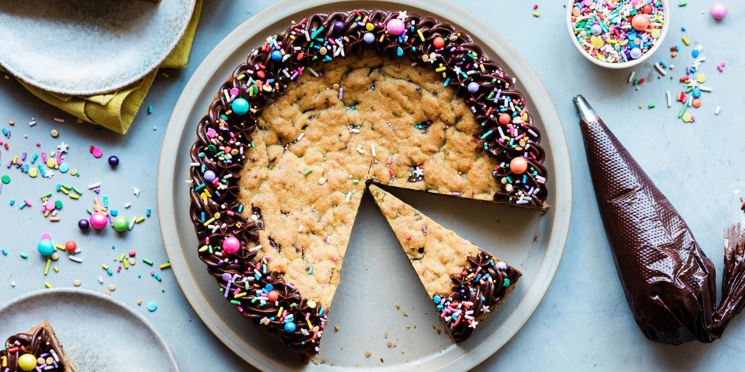 This chocolate chip cookie cake is made for celebrating