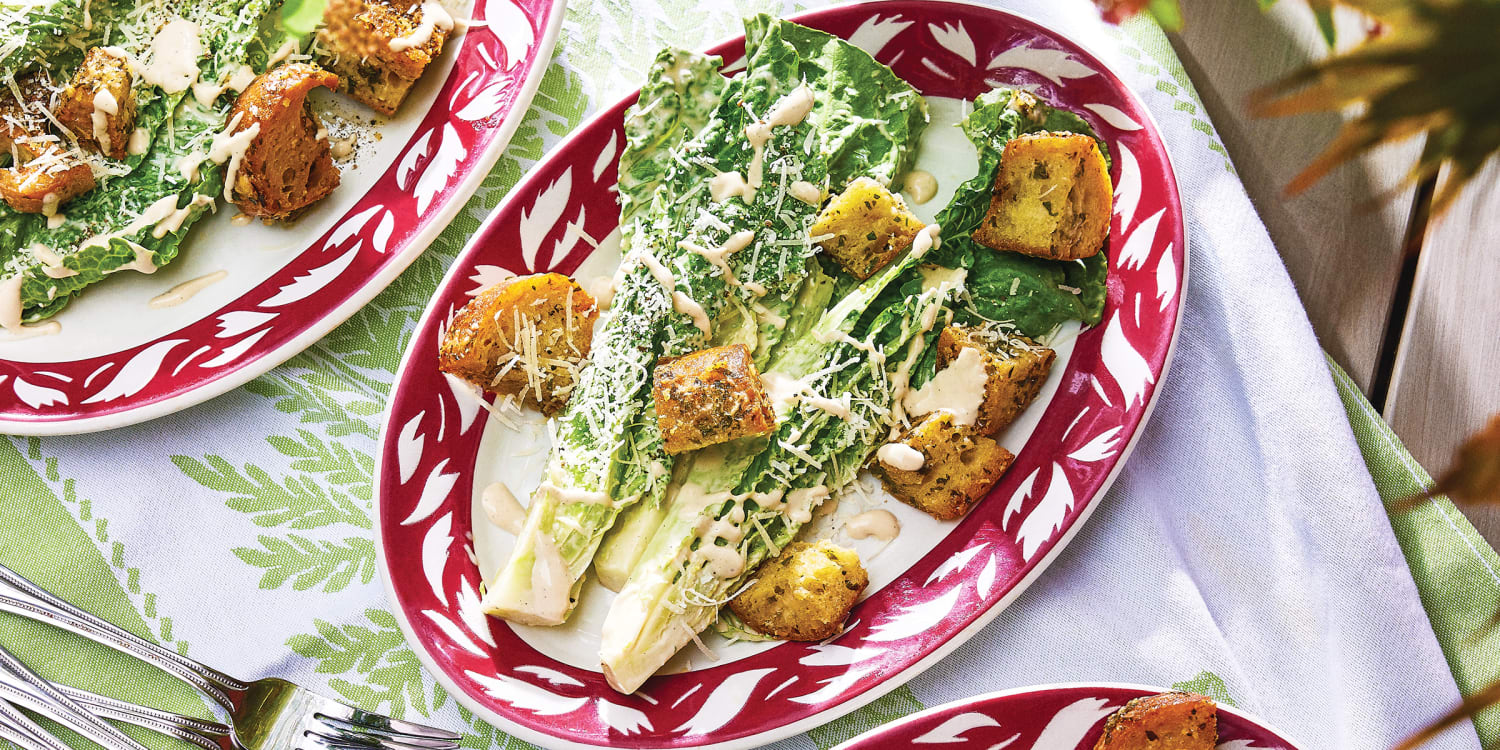 Amp up Caesar salad with a tahini-based dressing and chunky croutons