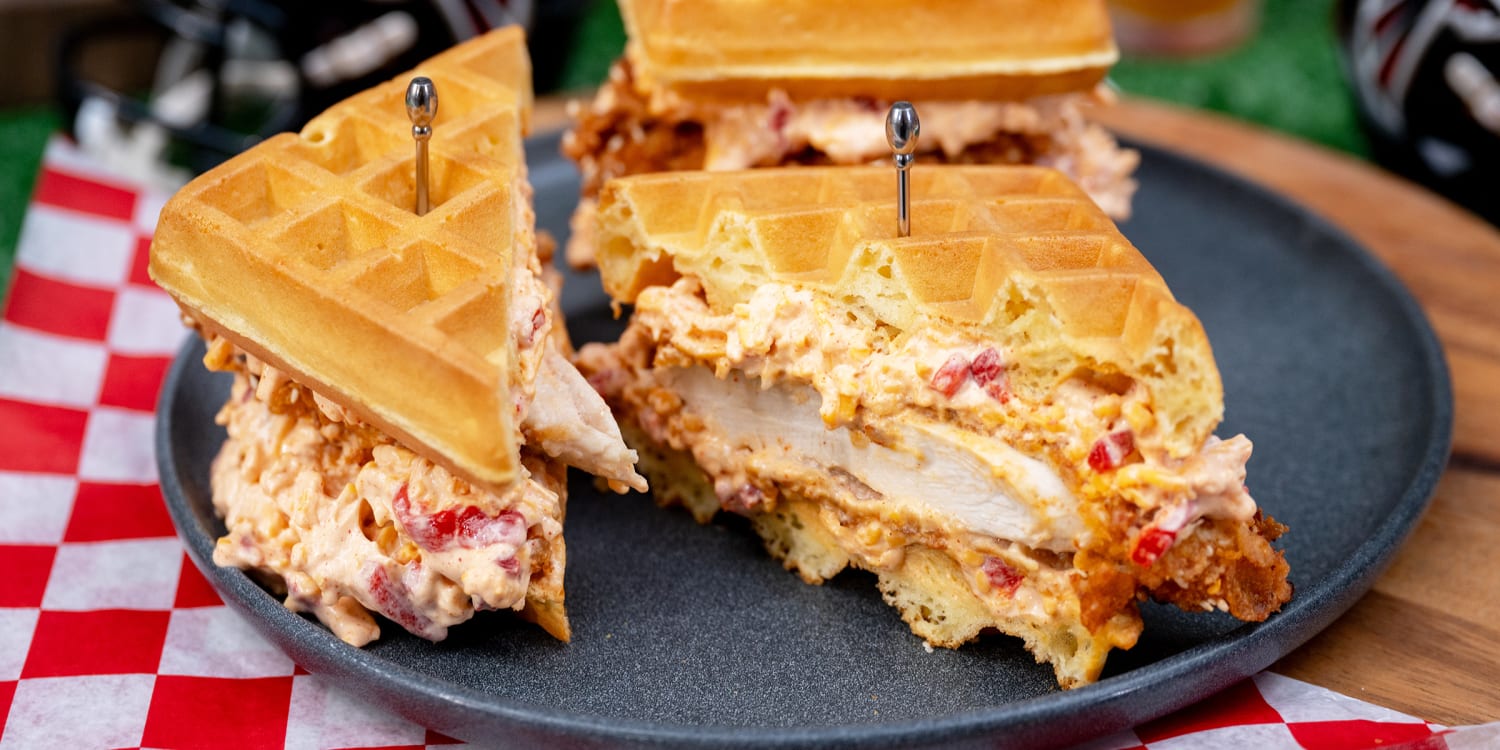 Adam Richman tops his chicken and waffle sliders with pimento cheese