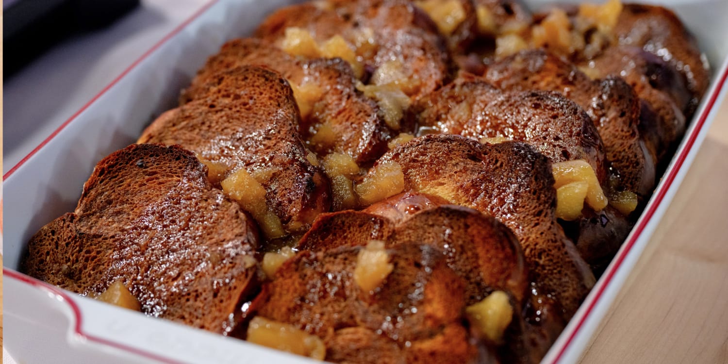 Enjoy this cozy overnight French toast with caramel apple sauce