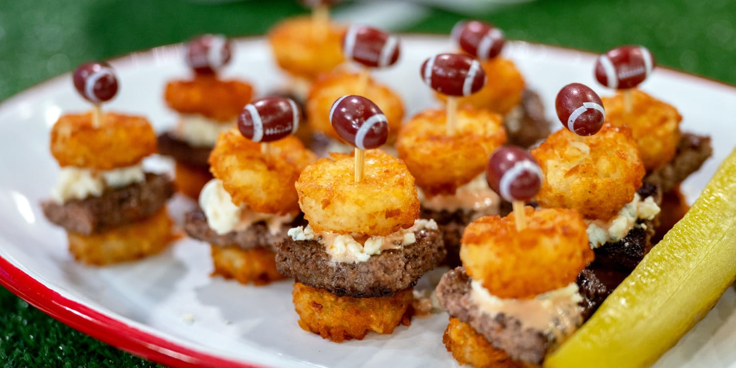 Tater-Tot Buffalo blue cheese burger bites are perfect for game day