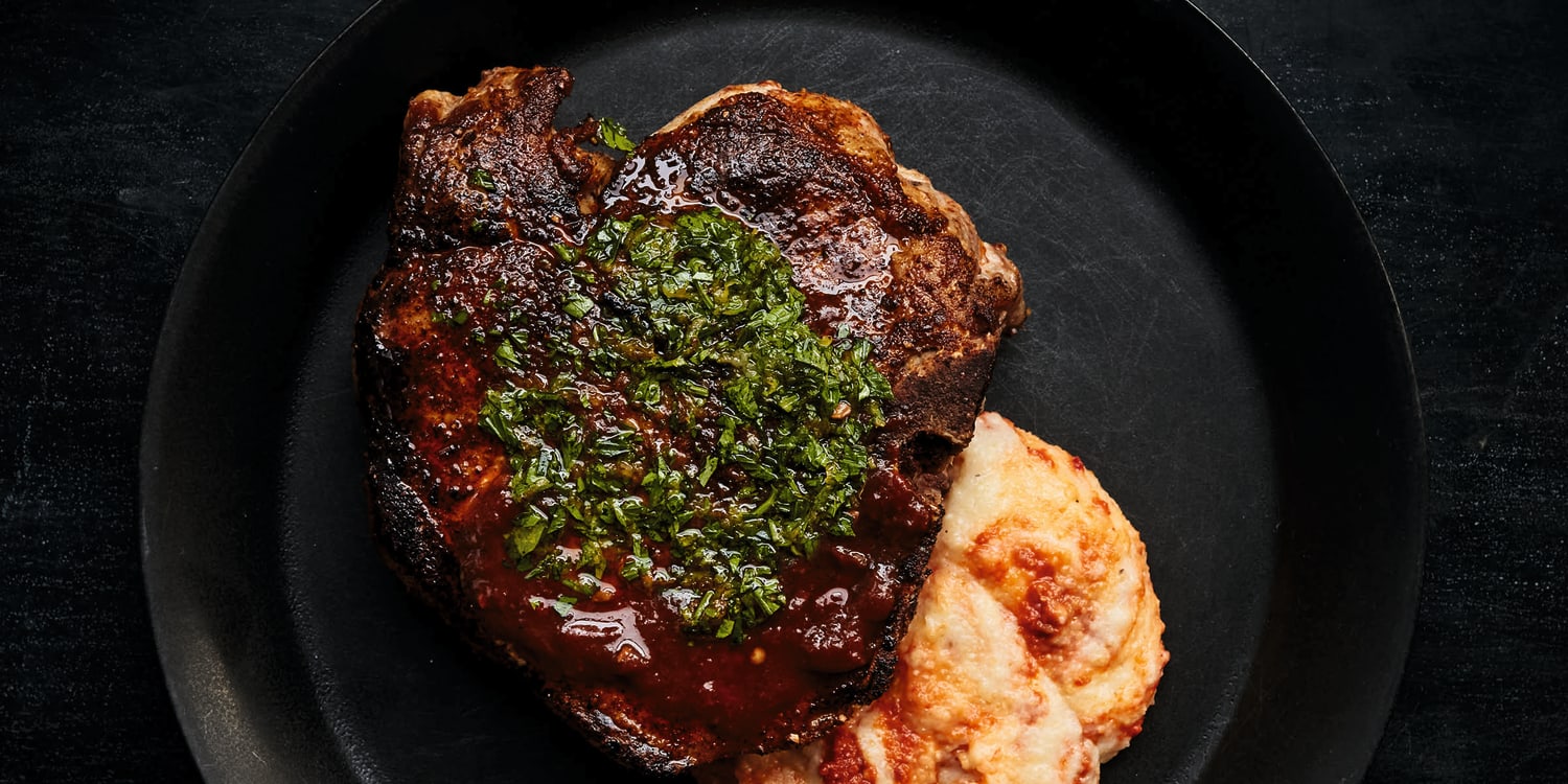 Bobby Flay serves pork chops with osso buco sauce and romesco polenta