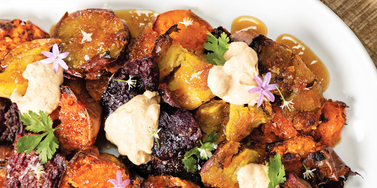 Crispy sweet potatoes get an exciting upgrade with red curry labneh