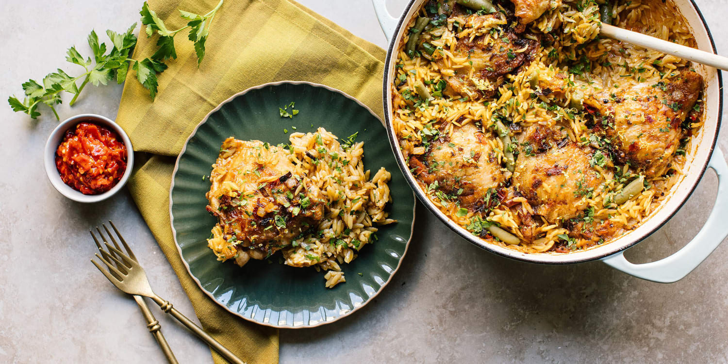 A one-skillet dinner featuring chicken thighs, orzo and green beans