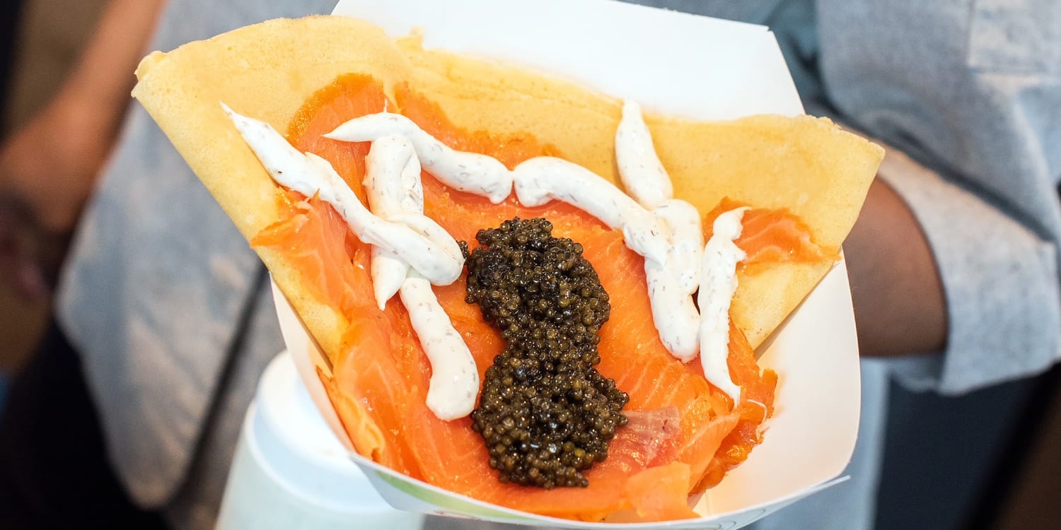 Crêpes get bougie with caviar, smoked salmon and dill cream sauce