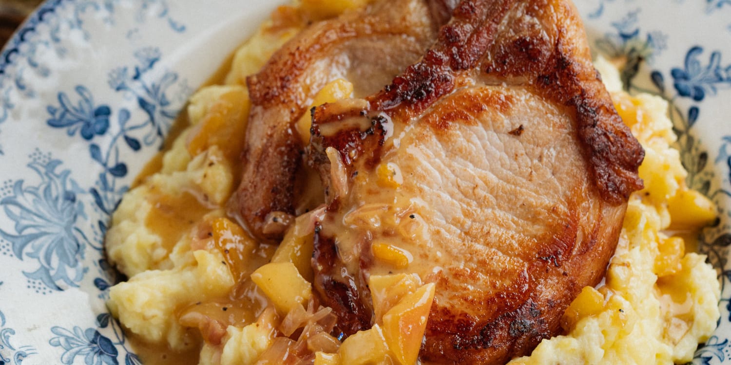 Serve Pork Chops in Apple-Dijon Pan Sauce Over Smashed Potatoes