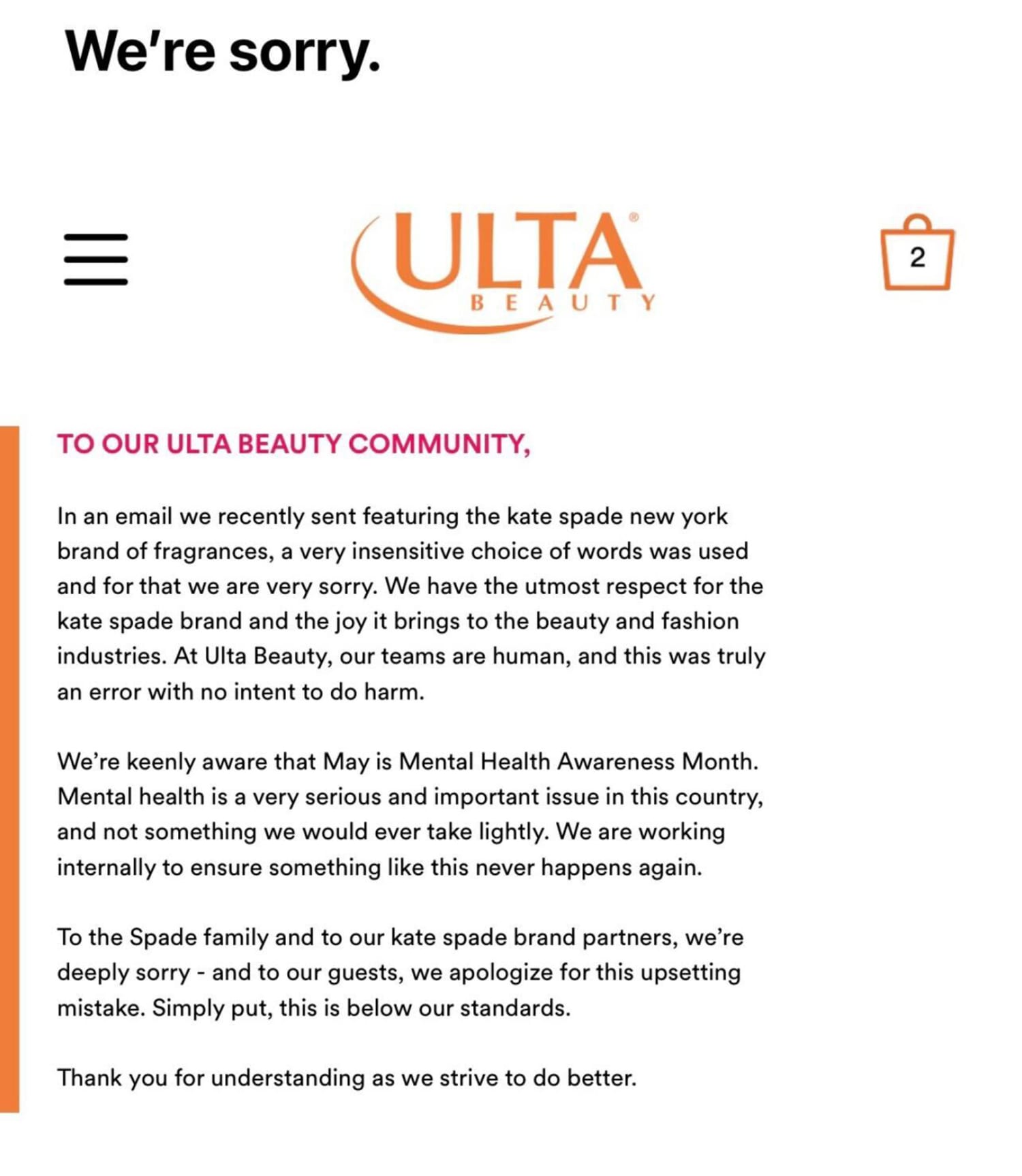 Ulta Beauty Apologizes For Inviting Customers To 'Hang' With Kate Spade