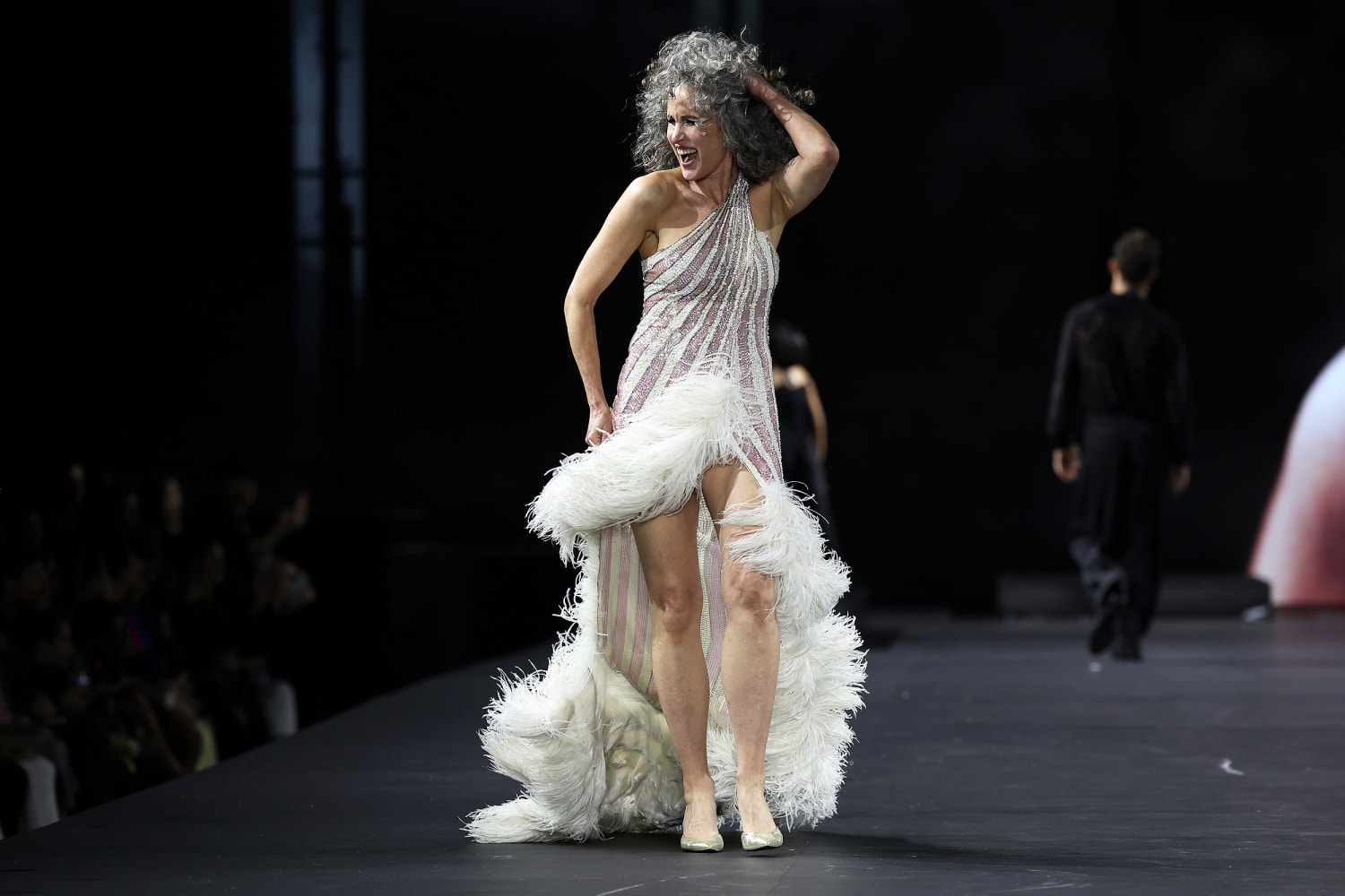 Andie MacDowell rocks gray curls and feathers on the runway at Paris Fashion  Week