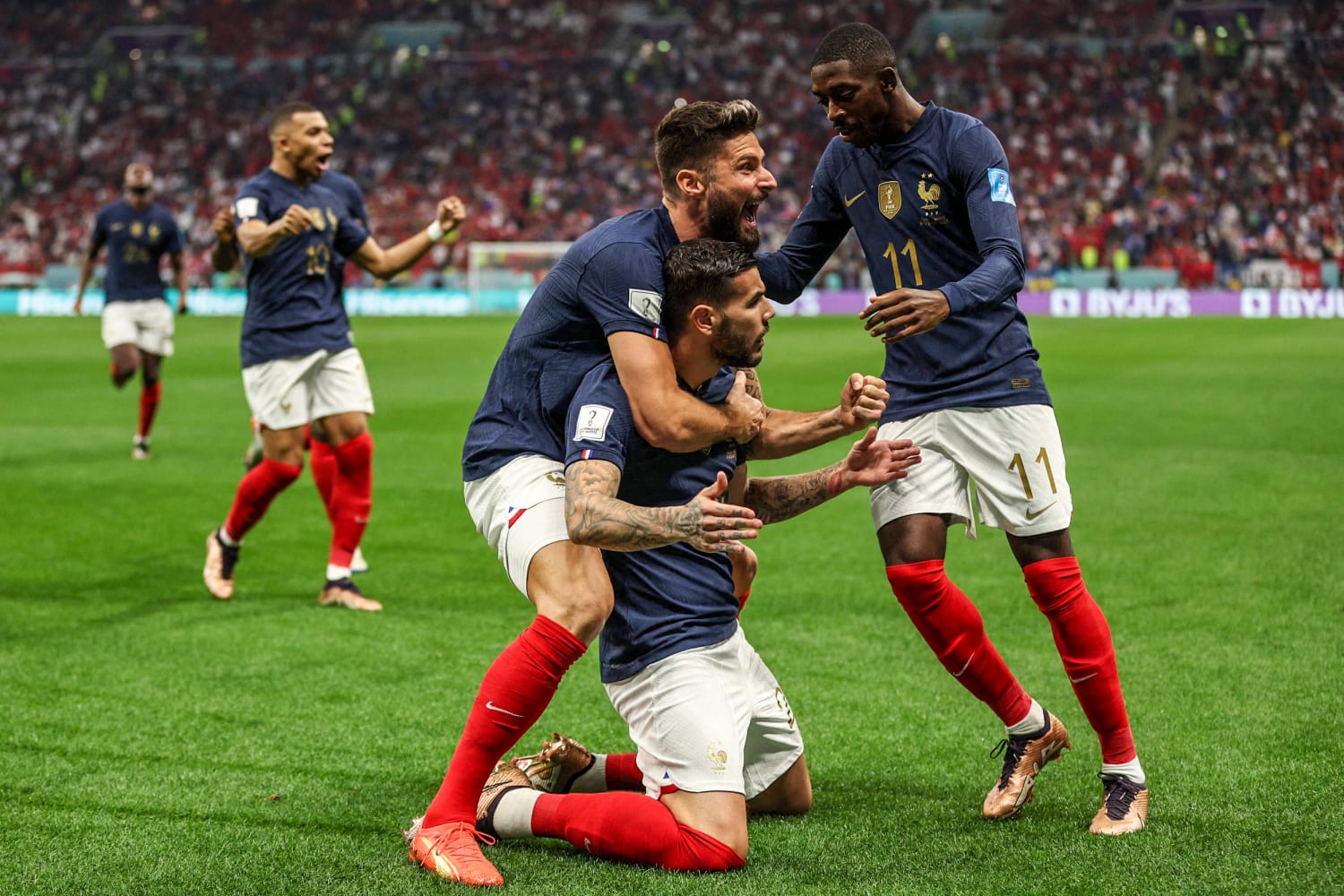 Kylian Mbappe of France with the shirt of Achraf Hakimi of Morocco at full  time during the FIFA World Cup 2022, Semi-final football match between  France and Morocco on December 14, 2022