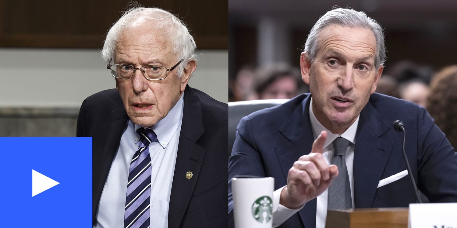 A split photo of Bernie Sanders and Howard Schultz