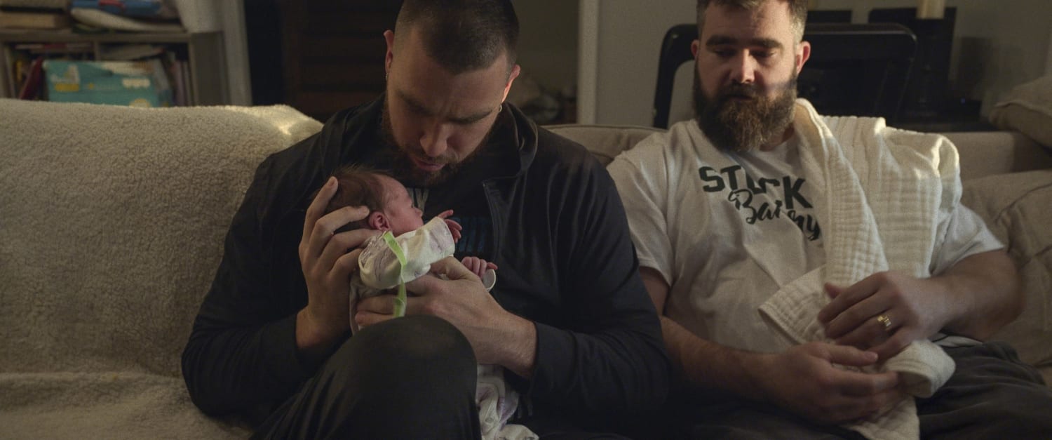 Jason Kelce Instructs Brother Travis Kelce to Hold Newborn Niece Bennett