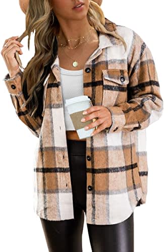 Simplee Women's Cropped Flannel Plaid Shacked Wool Blend Jacket Coat  Medium