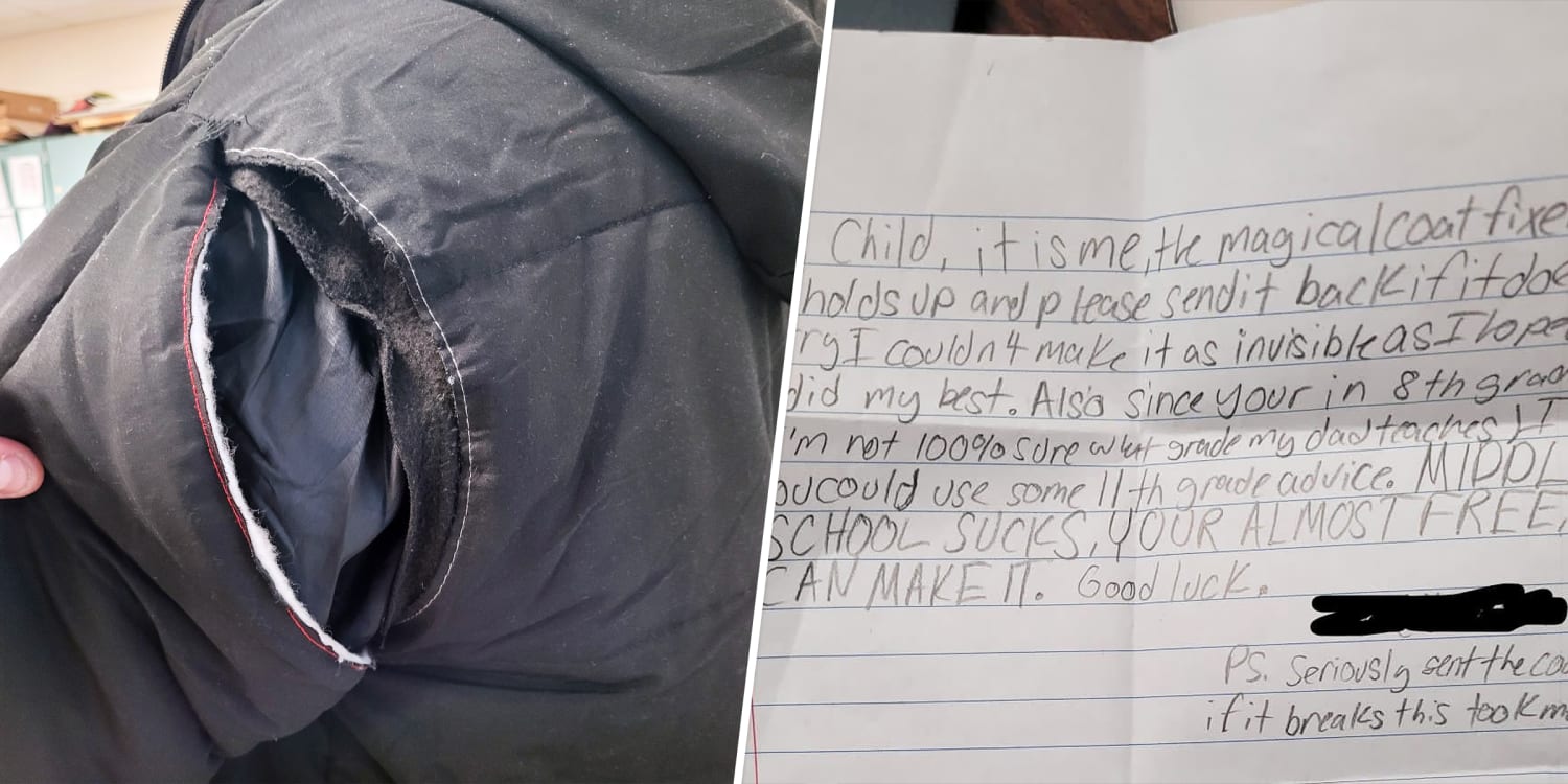 A teacher brought a kid's ripped coat home to fix. His daughter slipped a note in the pocket