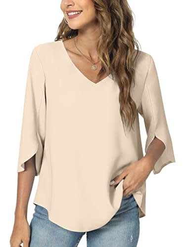 IWOLLENCE Damesbouffant met wafelgebreide knoopsluiting en strik Blouse met lange mouwen V-hals Casual losse Bat Wing Shirts, 01 Zwart, L