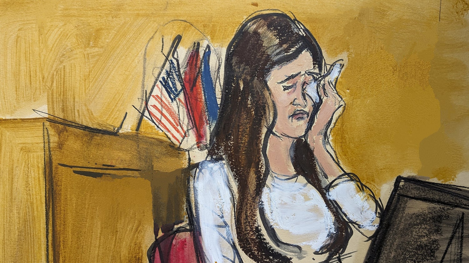 Court sketch of Madeleine Westerhout wiping her tears 