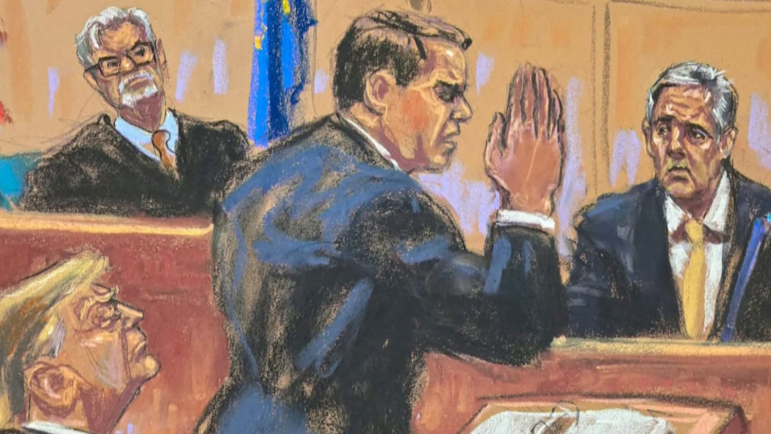 court sketch of lawyer and michael cohen.