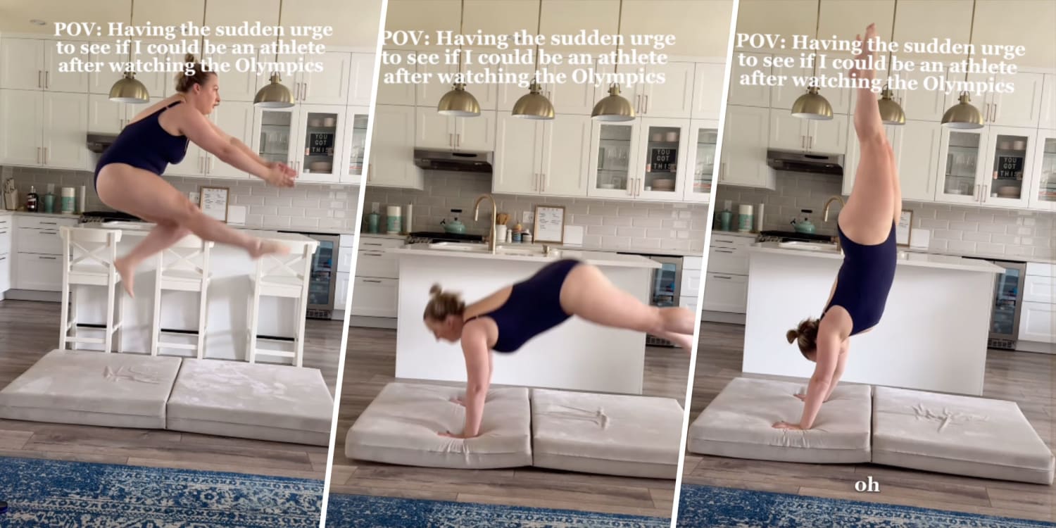 Mom attempts Olympic gymnastics in her kitchen and her performance goes viral