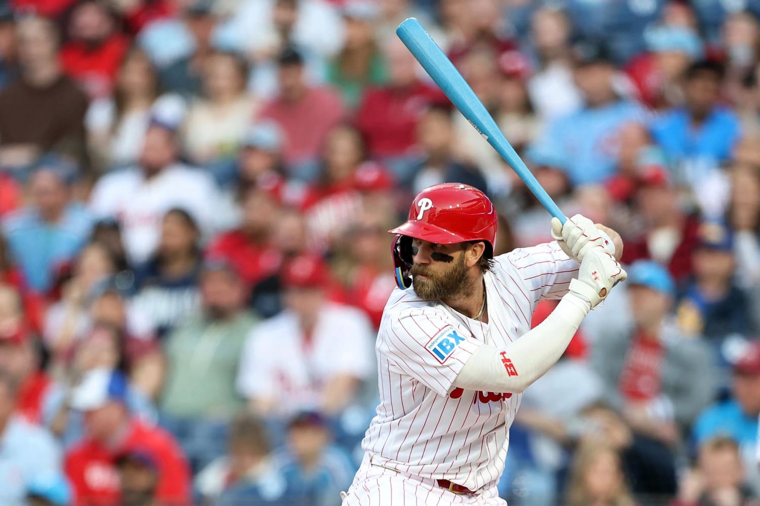 Phillies star Bryce Harper uses a blue bat in gender reveal for his child