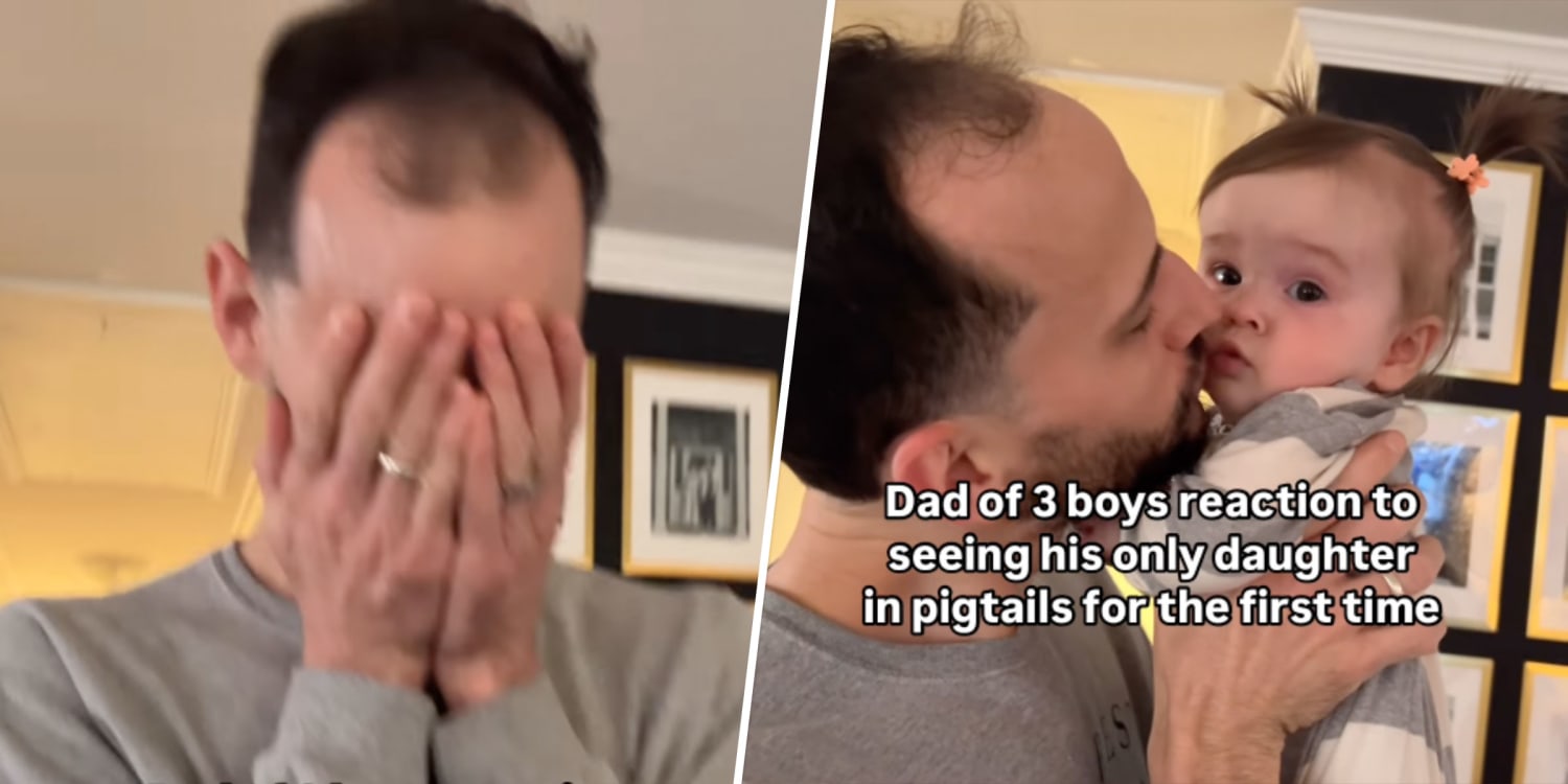 Dad of 3 boys has an emotional reaction the first time he sees his baby girl in pigtails