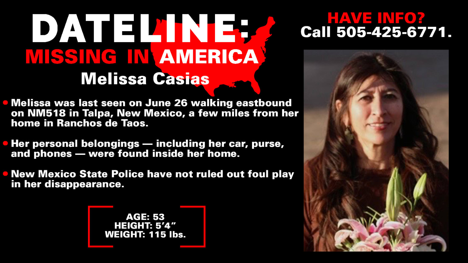 53-year-old Melissa Casias missing from Talpa, New Mexico, since June 26 | Dateline
