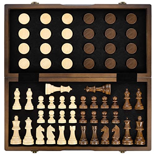 Amerous Magnetic Wooden Chess And Checkers Game Set
