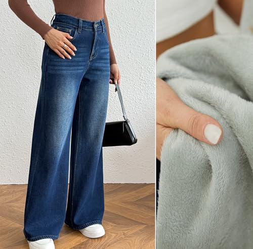 Fakanhui Dames Fleece Gevoerde Brede Pijpen Baggy Jeans Winter Thermische Warme Flanel Jean Losse Y2K Boyfriend Denim Broek, Licht, XL