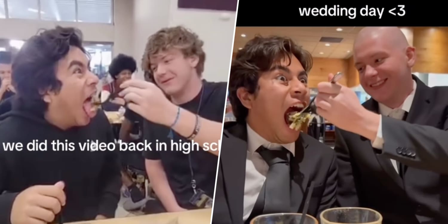 High School Sweethearts Reenact Cafeteria Moment at Their Wedding: ‘Homies to Husbands’