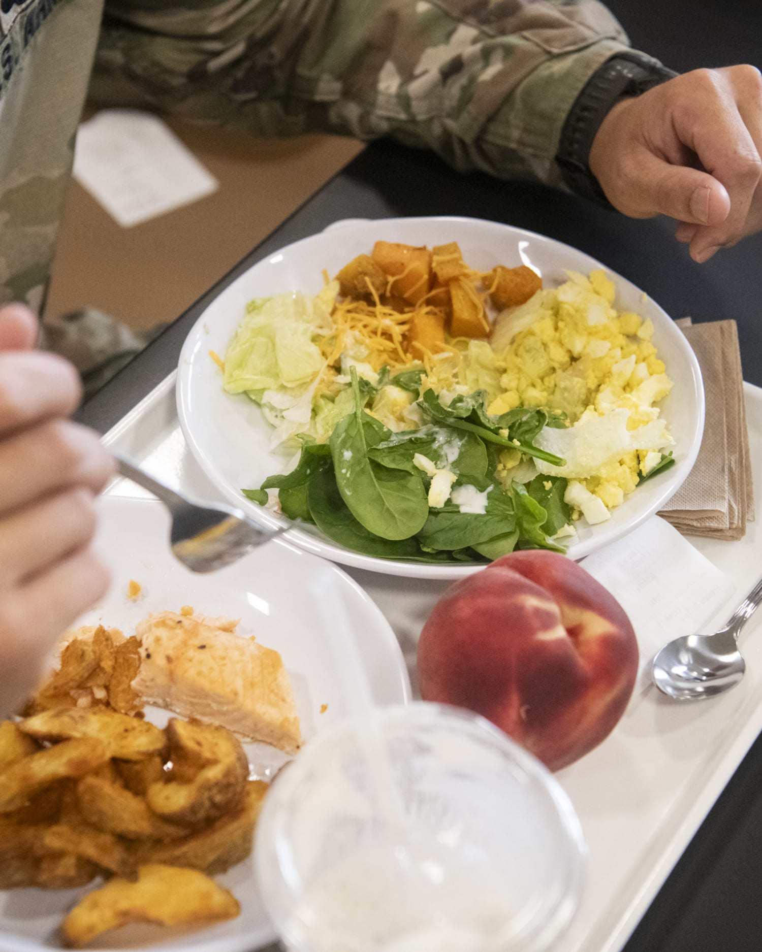 Spc. Carson Gant eats salmon, potato wedges and a salad from Belvedere Bistro at Fort Drum, N.Y.