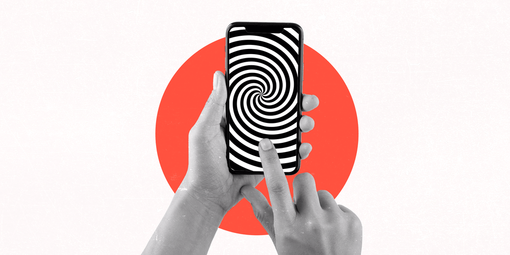 Photoshopped image of a pair of hands holding a phone in front of a red circle and white background.