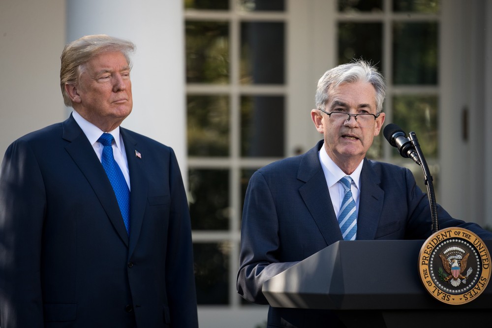 President Donald Trump looks on as Fed Chair Jerome Powell speaks in 2017.