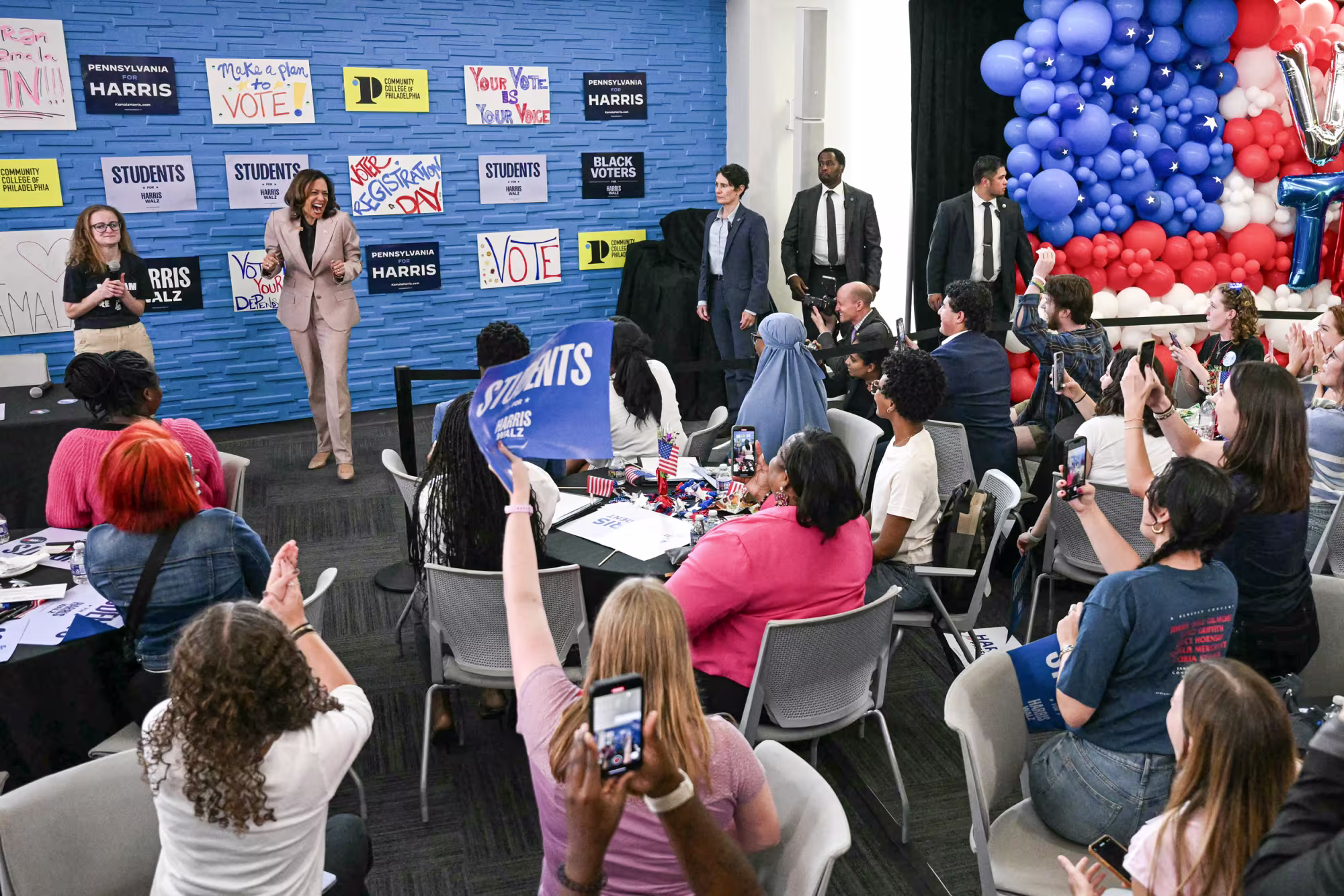 Kamala Harris speaks to student volunteers during a stop in Philadelphia on Sept. 17