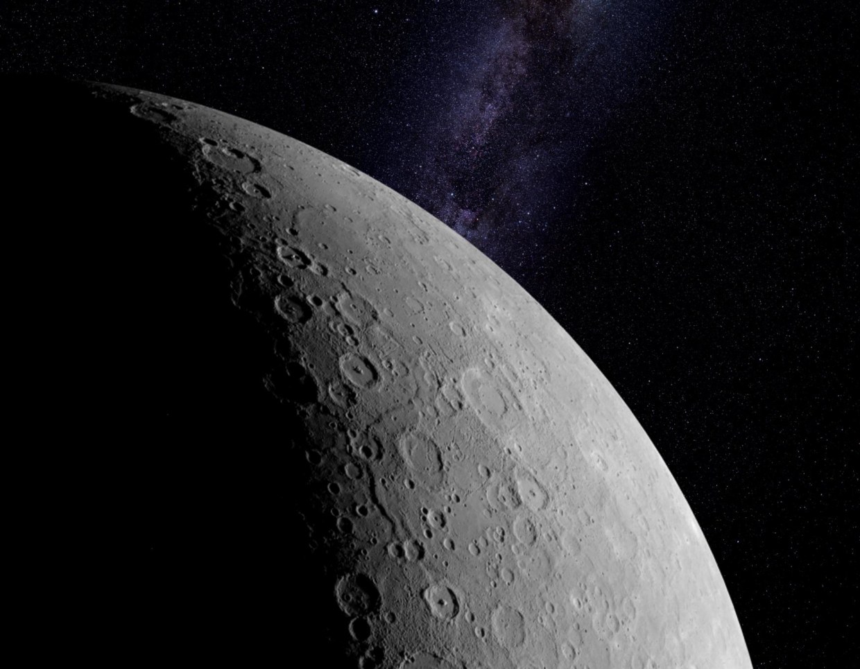 Mercury's surface is covered with cliff-like fault scarps, like this, the Fram Rupes scarp, which is almost a mile (1.5 km) high.